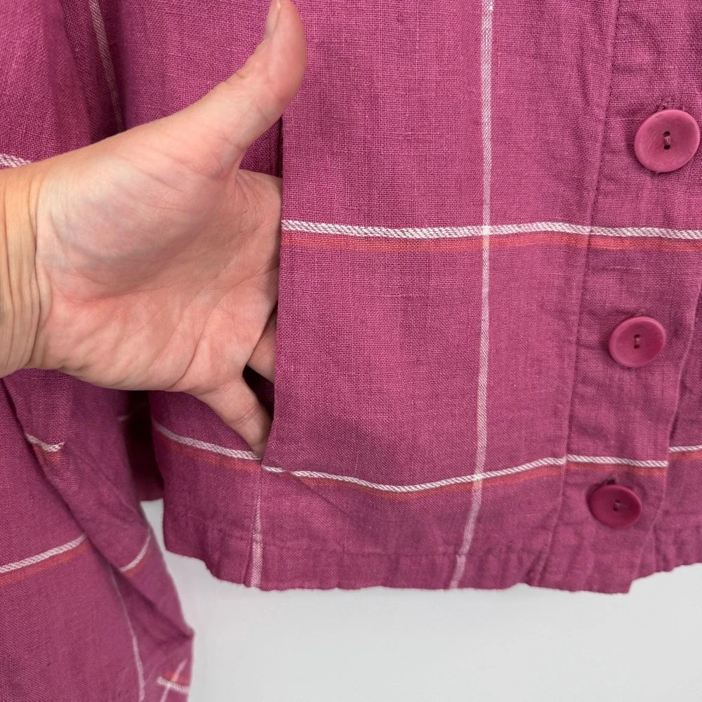 Flax Button Front Jacket Womens Small Pink Windowpane Plaid 100% Linen Boxy